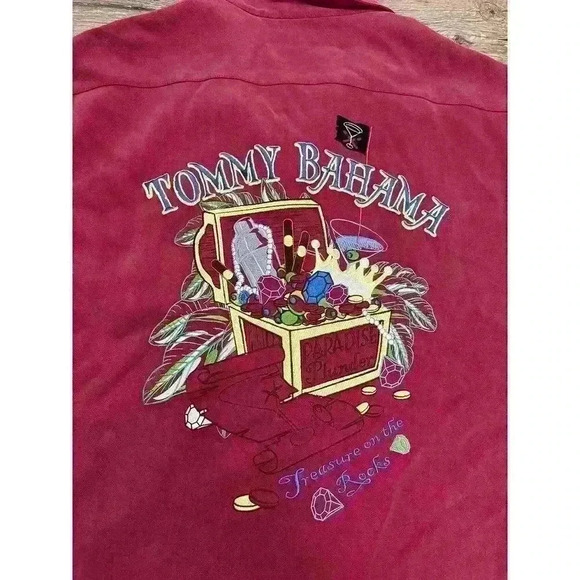 Tommy Bahama 100% Silk Treasure On the Rocks Red Button Up Shirt Men's XL - Picture 9 of 12